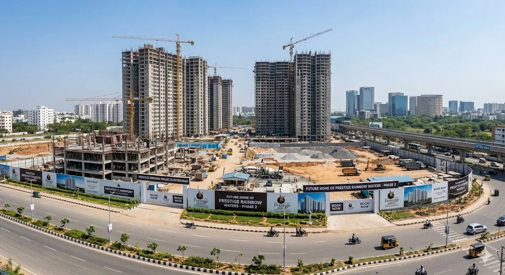 Ongoing construction progress of premium residential projects by Prestige Group in Hyderabad.